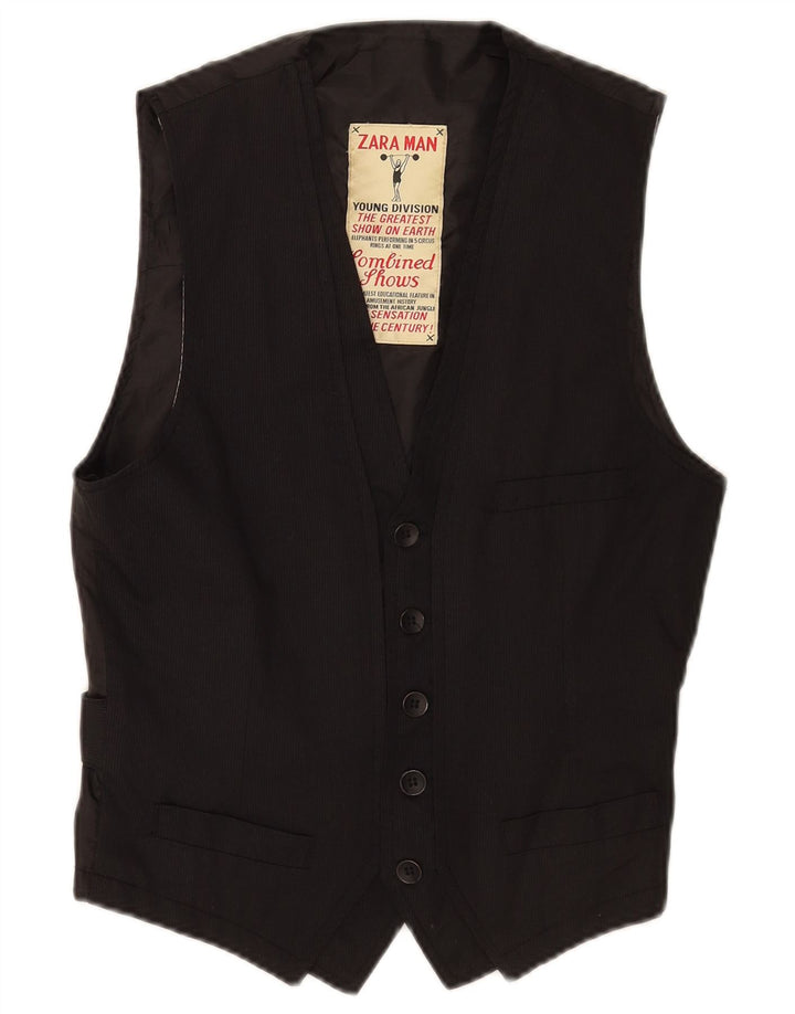 Zara Mens Waistcoat XS Black Pinstripe Polyester