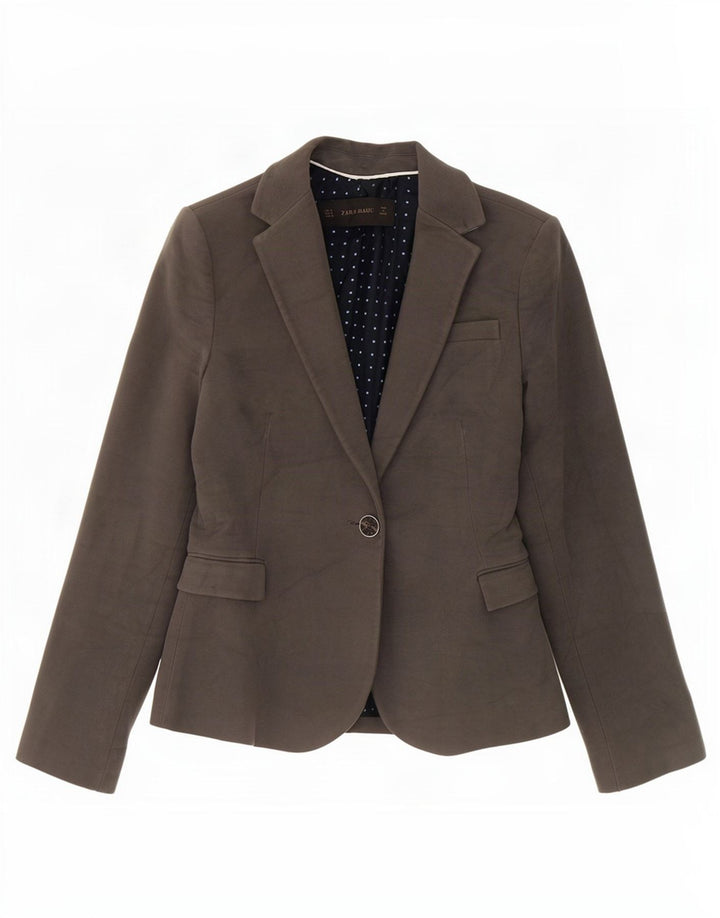 Zara Womens 1 Button Blazer Jacket UK 10 Small Grey Cotton
