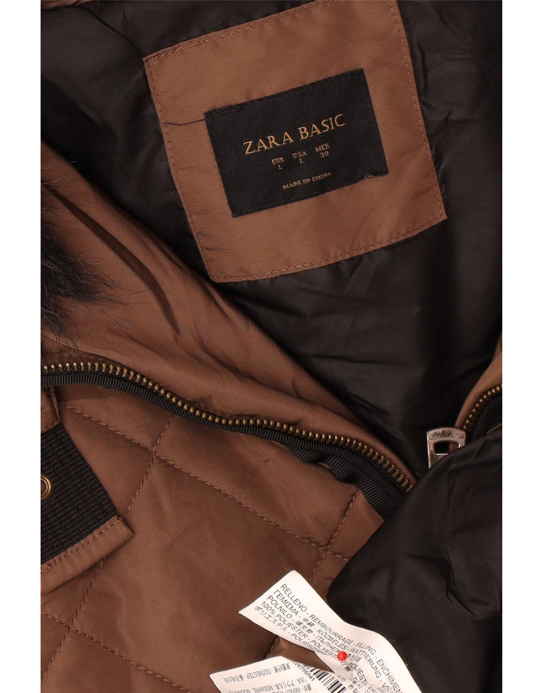 Zara Womens Hooded Padded Coat UK 16 Large Brown Polyester