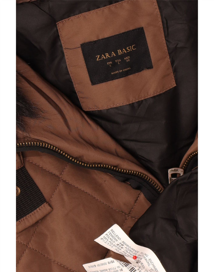 Zara Womens Hooded Padded Coat UK 16 Large Brown Polyester