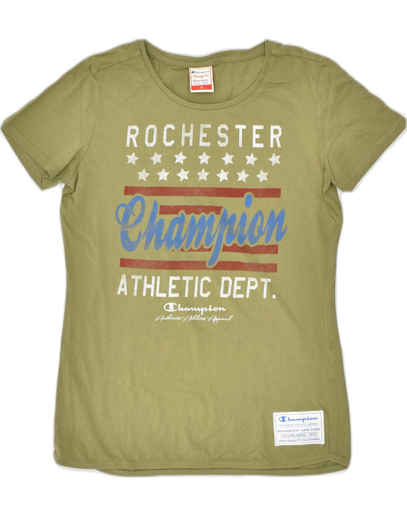 CHAMPION Womens Graphic T-Shirt Top UK 12 Medium Khaki Cotton | Vintage Champion | Thrift | Second-Hand Champion | Used Clothing | Messina Hembry 