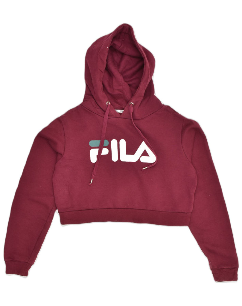 FILA Womens Graphic Crop Hoodie Jumper UK 14 Medium Burgundy | Vintage Fila | Thrift | Second-Hand Fila | Used Clothing | Messina Hembry 