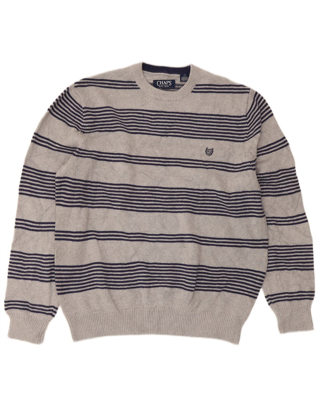 Chaps Mens Regular Fit Crew Neck Jumper Sweater Large Grey Striped Cotton