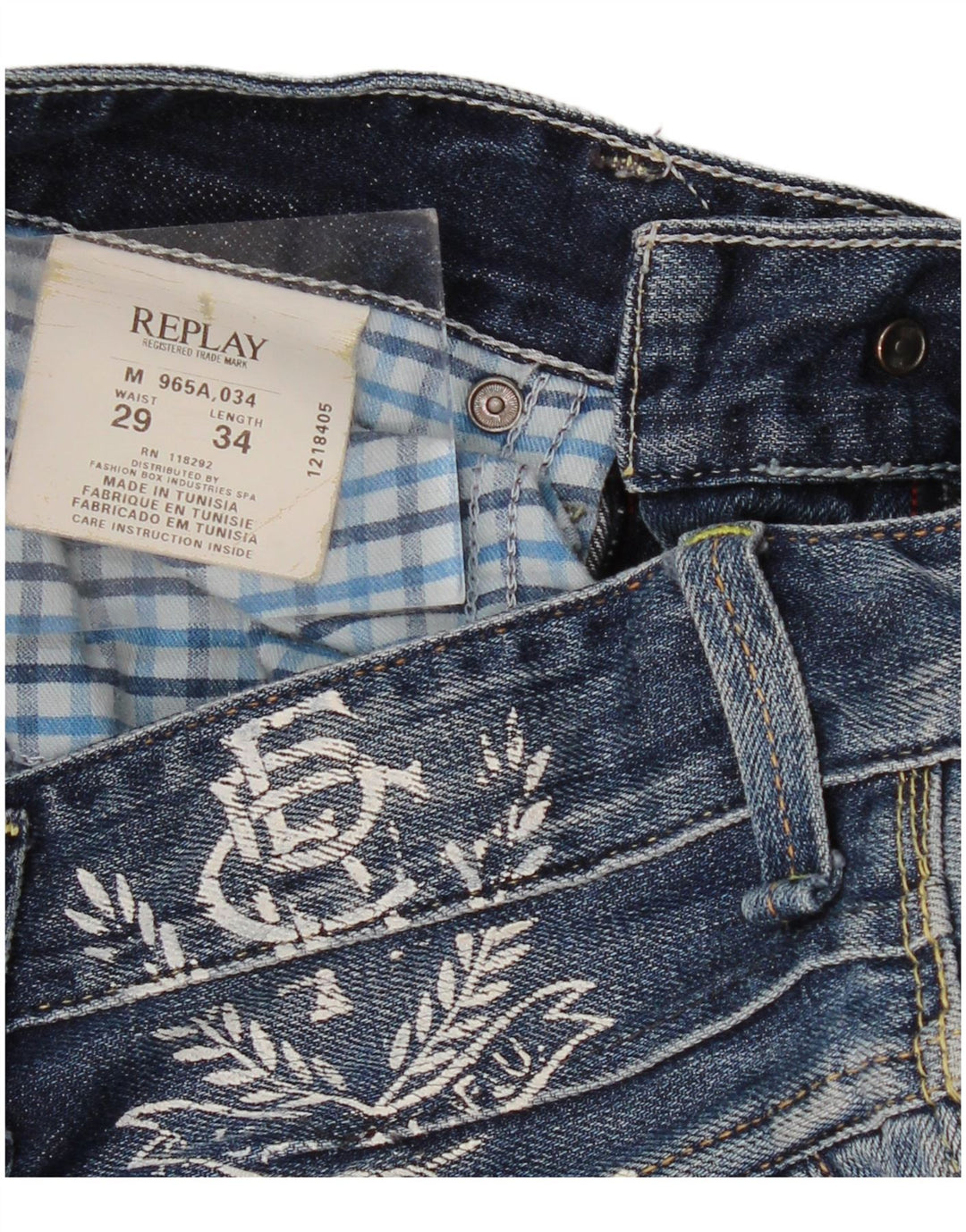 Replay Womens Graphic Straight Jeans W29 L30 Blue Cotton