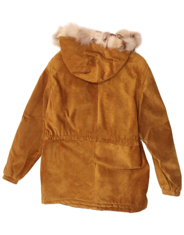 Vintage Womens Hooded Suede Parka Jacket IT 44 Medium Brown Leather Winter