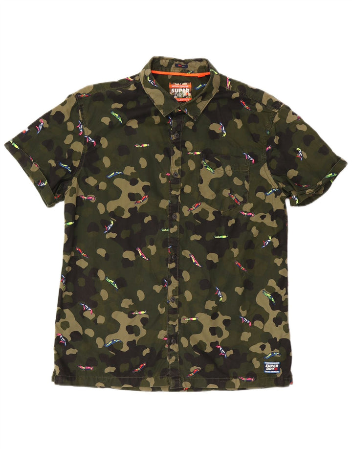 Superdry Mens Box Fit Short Sleeve Shirt Medium Khaki Camouflage Cotton