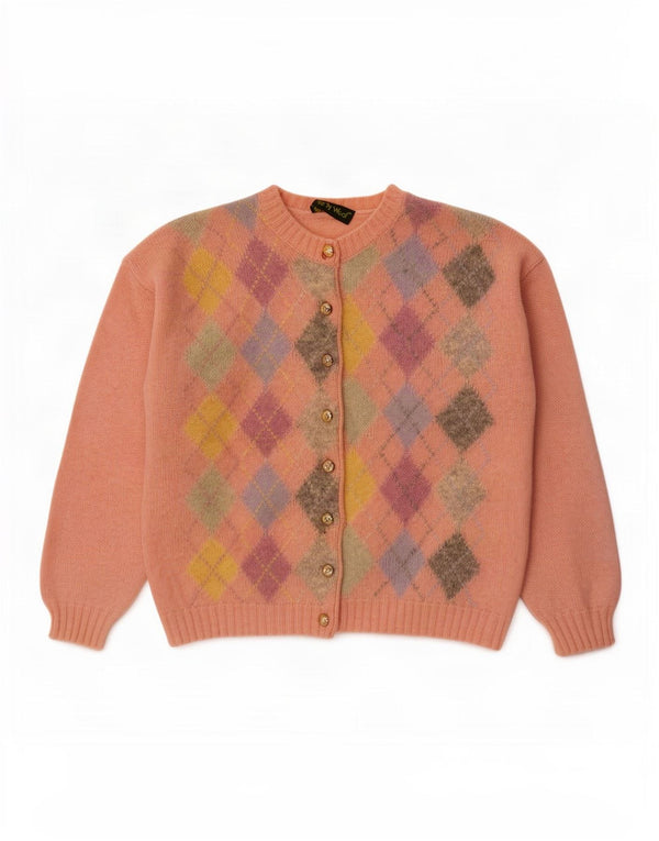 Vintage Womens Oversized Cardigan Sweater UK 14 Medium Pink Argyle/Diamond