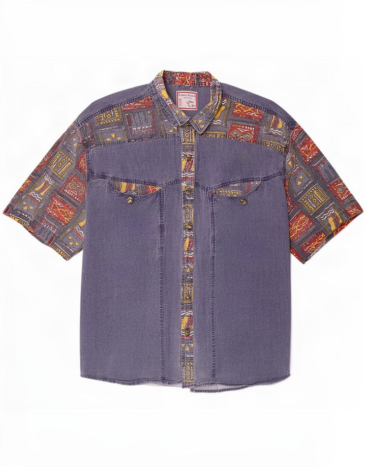 Vintage Mens Short Sleeve Shirt XL Blue Patchwork Retro