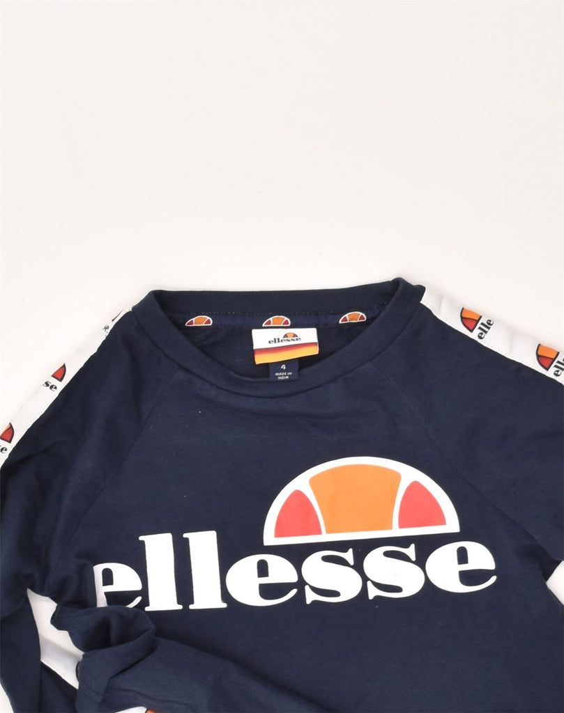 ELLESSE Womens Graphic Crop Top UK 4 XS Navy Blue Cotton | Vintage Ellesse | Thrift | Second-Hand Ellesse | Used Clothing | Messina Hembry 