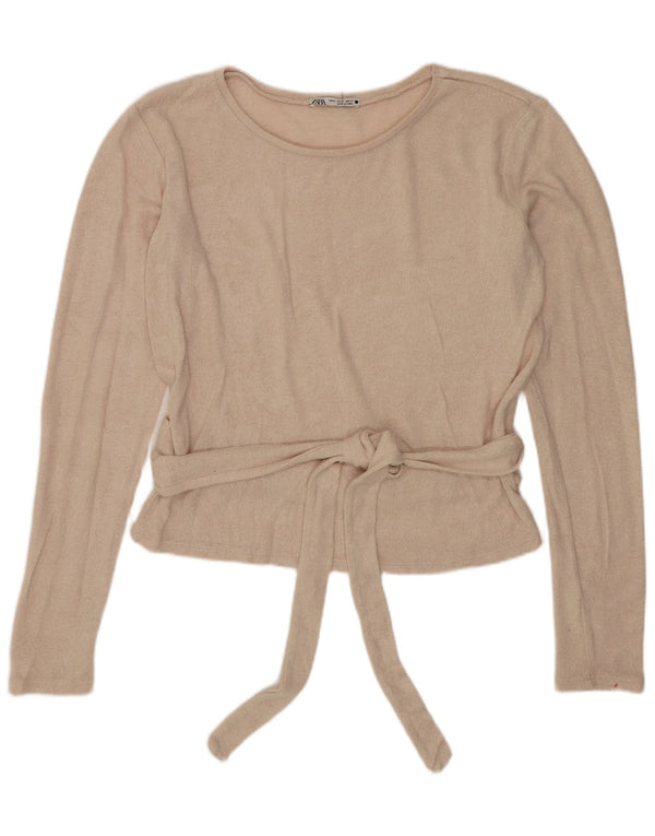 Zara Womens Crop Top Long Sleeve UK 14 Medium Beige