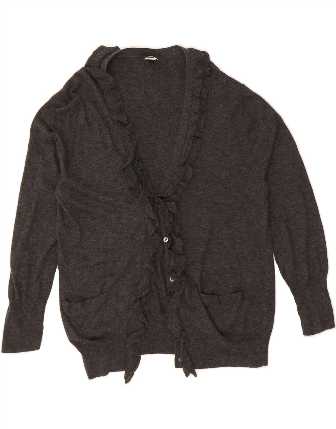 J. CREW Womens Ruffle Front 3/4 Sleeve Cardigan Sweater UK 14 Large Grey Vintage J. Crew and Second-Hand J. Crew from Messina Hembry 