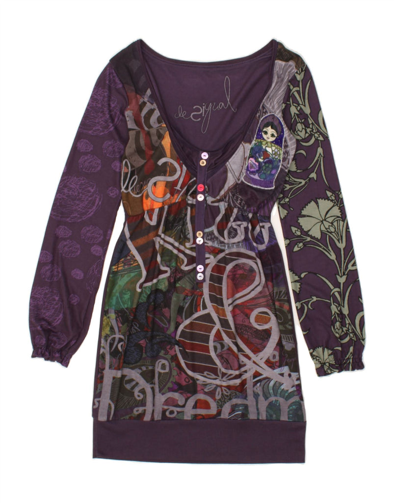 DESIGUAL Womens Graphic Basic Dress UK 6 XS Purple Polyester | Vintage Desigual | Thrift | Second-Hand Desigual | Used Clothing | Messina Hembry 