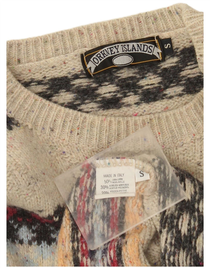 Vintage Mens Crew Neck Jumper Sweater Small Beige Fair Isle Wool