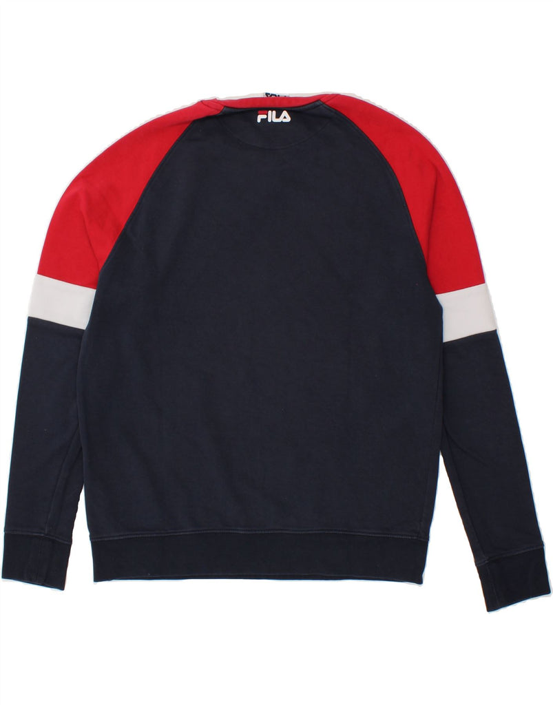 FILA Mens Graphic Sweatshirt Jumper Small Navy Blue Colourblock Cotton Vintage Fila and Second-Hand Fila from Messina Hembry 