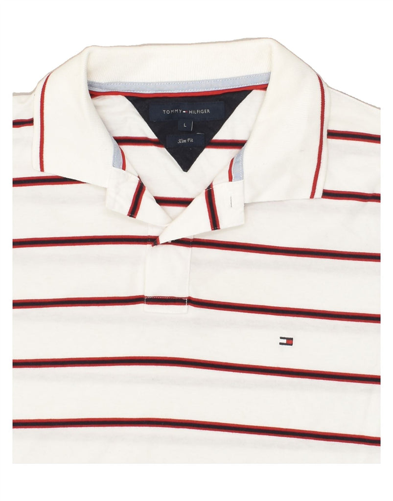 TOMMY HILFIGER Mens Slim Fit Polo Shirt Large White Striped Cotton | Vintage Tommy Hilfiger | Thrift | Second-Hand Tommy Hilfiger | Used Clothing | Messina Hembry 