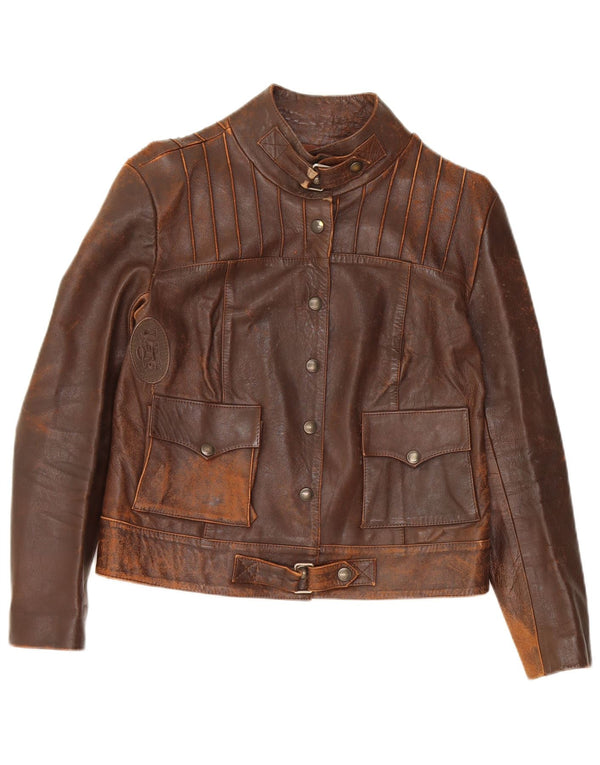 Vintage Womens Crop Leather Jacket UK 10 Small Brown