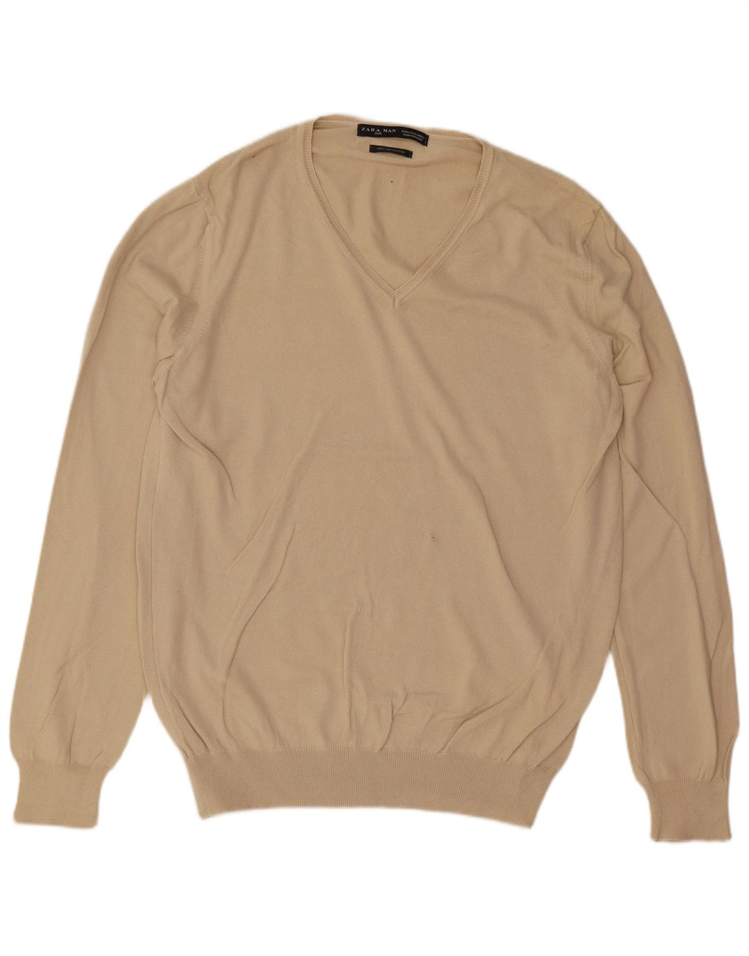Zara Mens V-Neck Jumper Sweater Large Beige Cotton