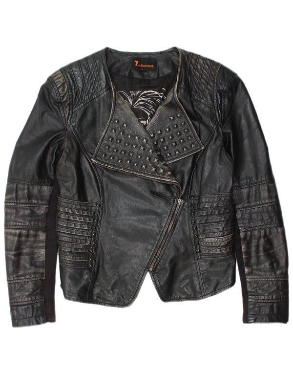 Vintage Womens Crop Leather Biker Jacket IT 40 Small Black Leather