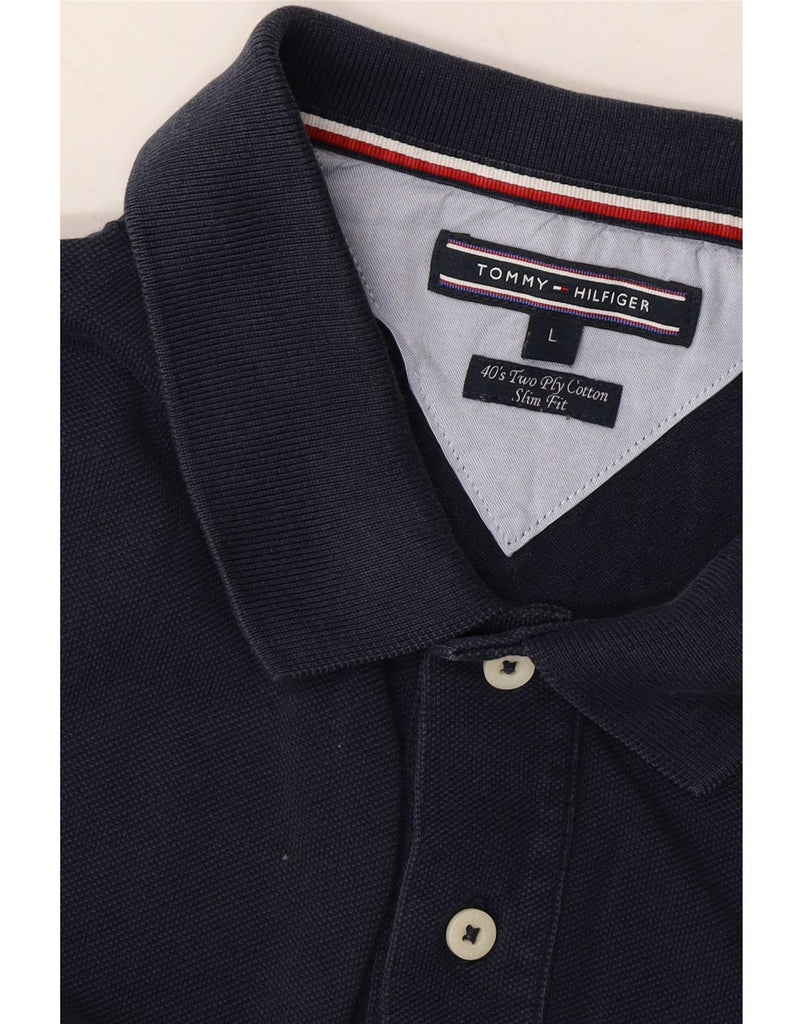 TOMMY HILFIGER Mens Slim Fit Long Sleeve Polo Shirt Large Navy Blue Cotton Vintage Tommy Hilfiger and Second-Hand Tommy Hilfiger from Messina Hembry 