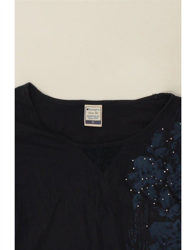 CHAMPION Womens Easy Fit T-Shirt Top UK 18 XL Navy Blue Floral Cotton | Vintage Champion | Thrift | Second-Hand Champion | Used Clothing | Messina Hembry 