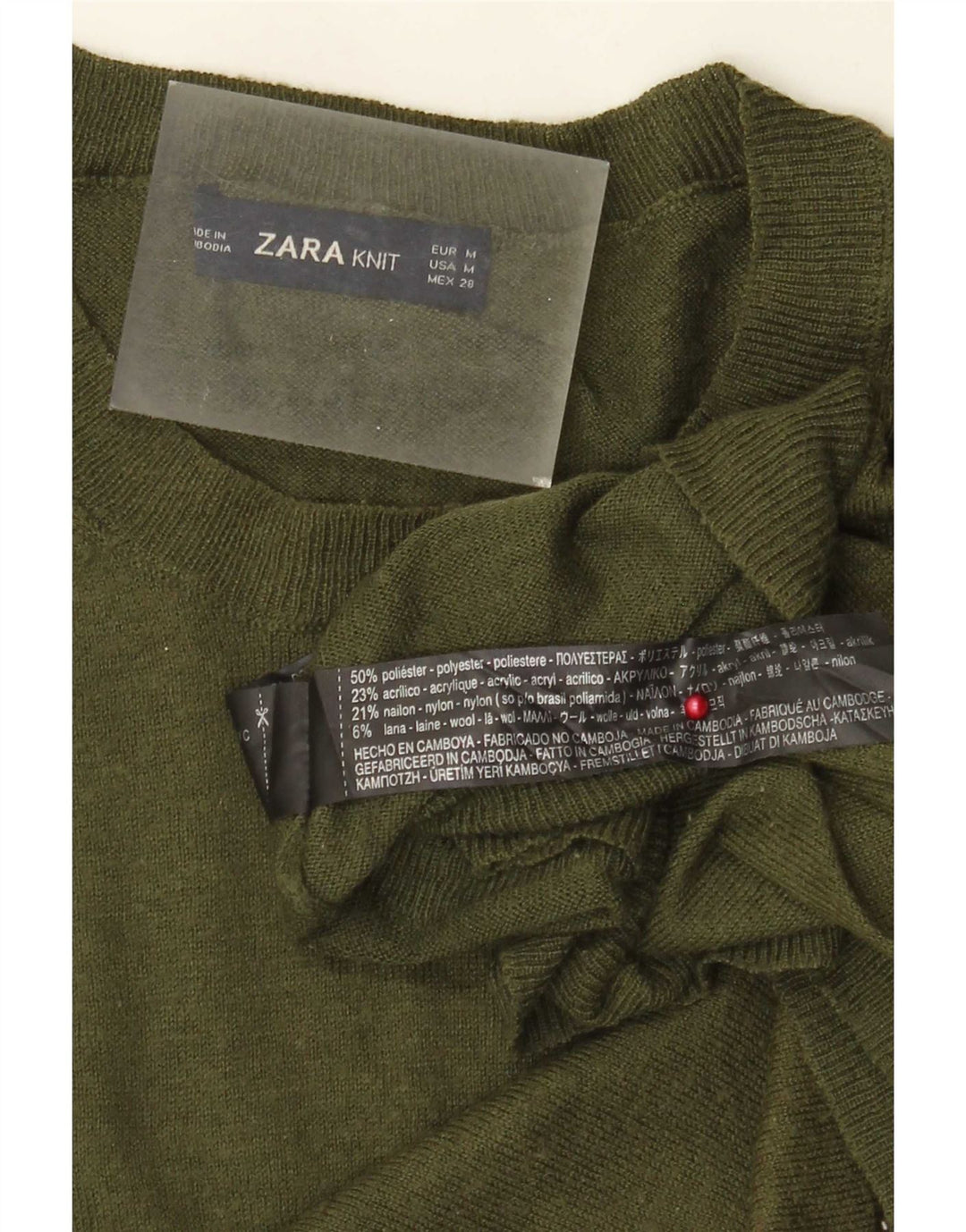 Zara Womens Crew Neck Jumper Sweater UK 14 Medium Khaki Polyester