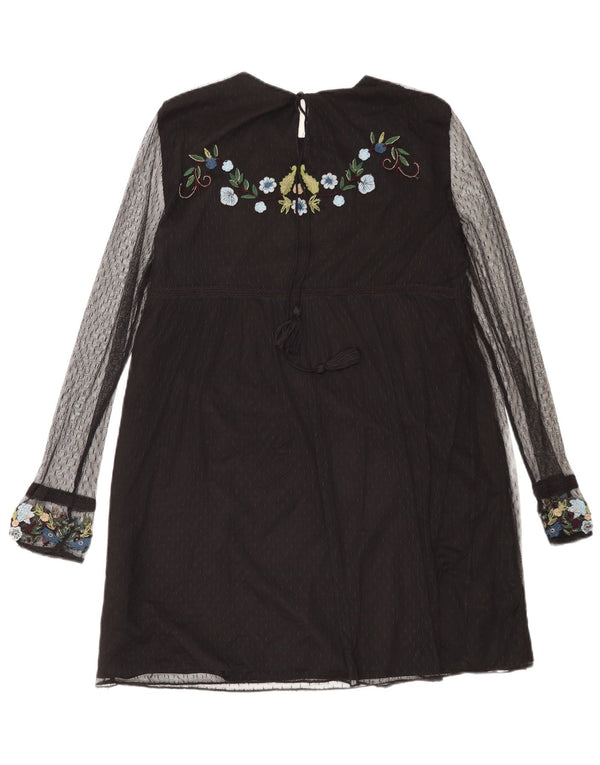Zara Womens Graphic Long Sleeve A-Line Dress UK 14 Medium Black Floral