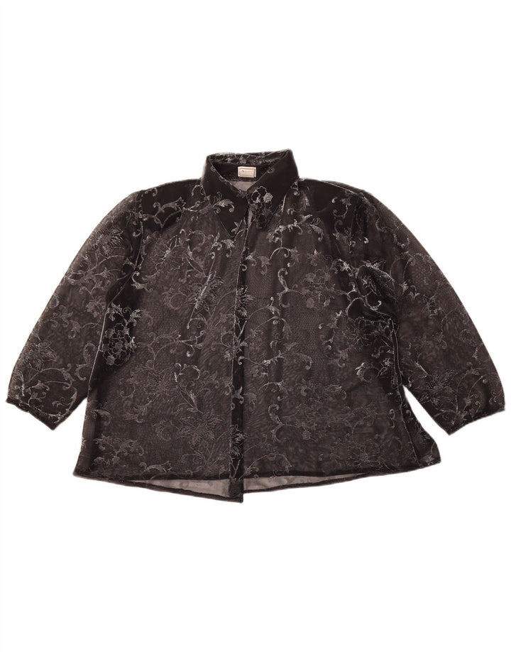 VINTAGE Womens 3/4 Sleeve Shirt Blouse UK 14 Medium Black Floral