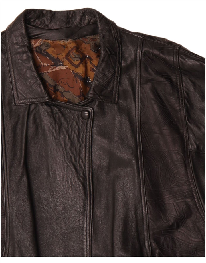Vintage Womens Leather Coat UK 14 Large Black Geometric Leather