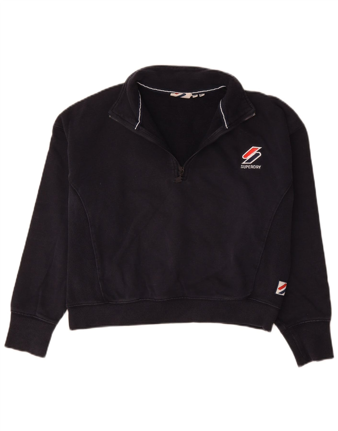 Superdry Womens Crop Zip Neck Sweatshirt Jumper UK 12 Medium Navy Blue