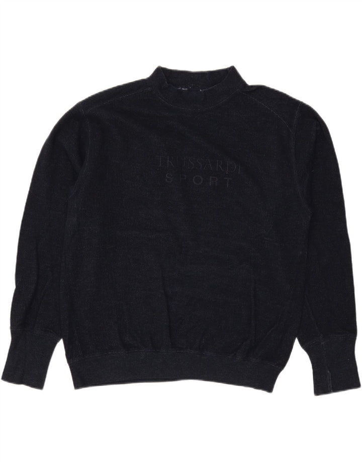 TRUSSARDI Mens Graphic Turtle Neck Jumper Sweater Large Navy Blue Wool