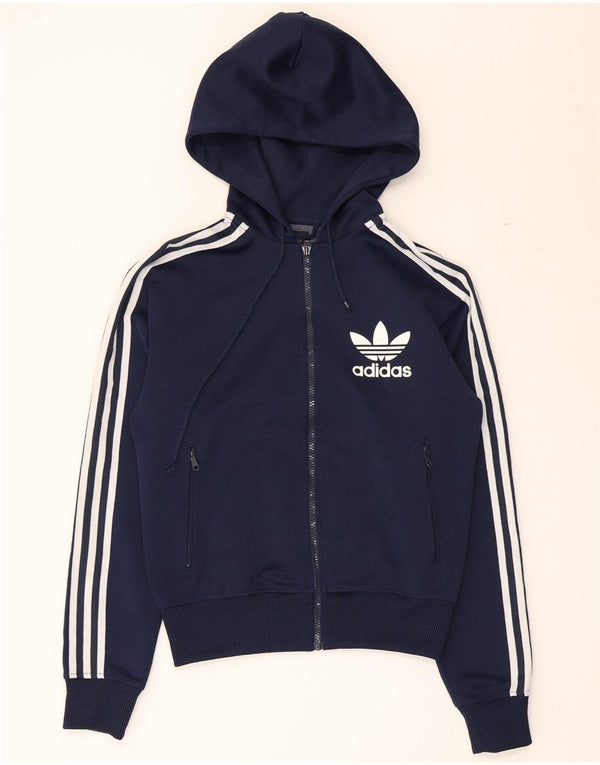 Adidas Womens Graphic Zip Hoodie Sweater UK 10 Small Navy Blue Polyester