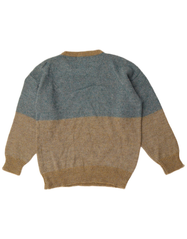 Vintage Mens Graphic Crew Neck Jumper Sweater Medium Blue Colourblock