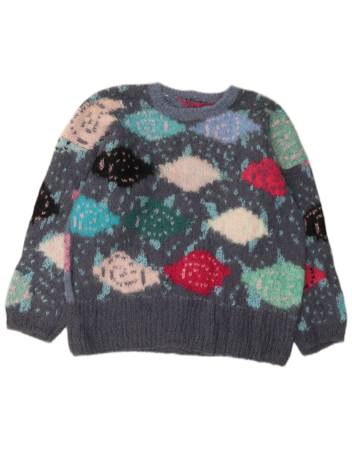 VINTAGE Girls Crew Neck Jumper Sweater 13-14 Years Grey Colourblock