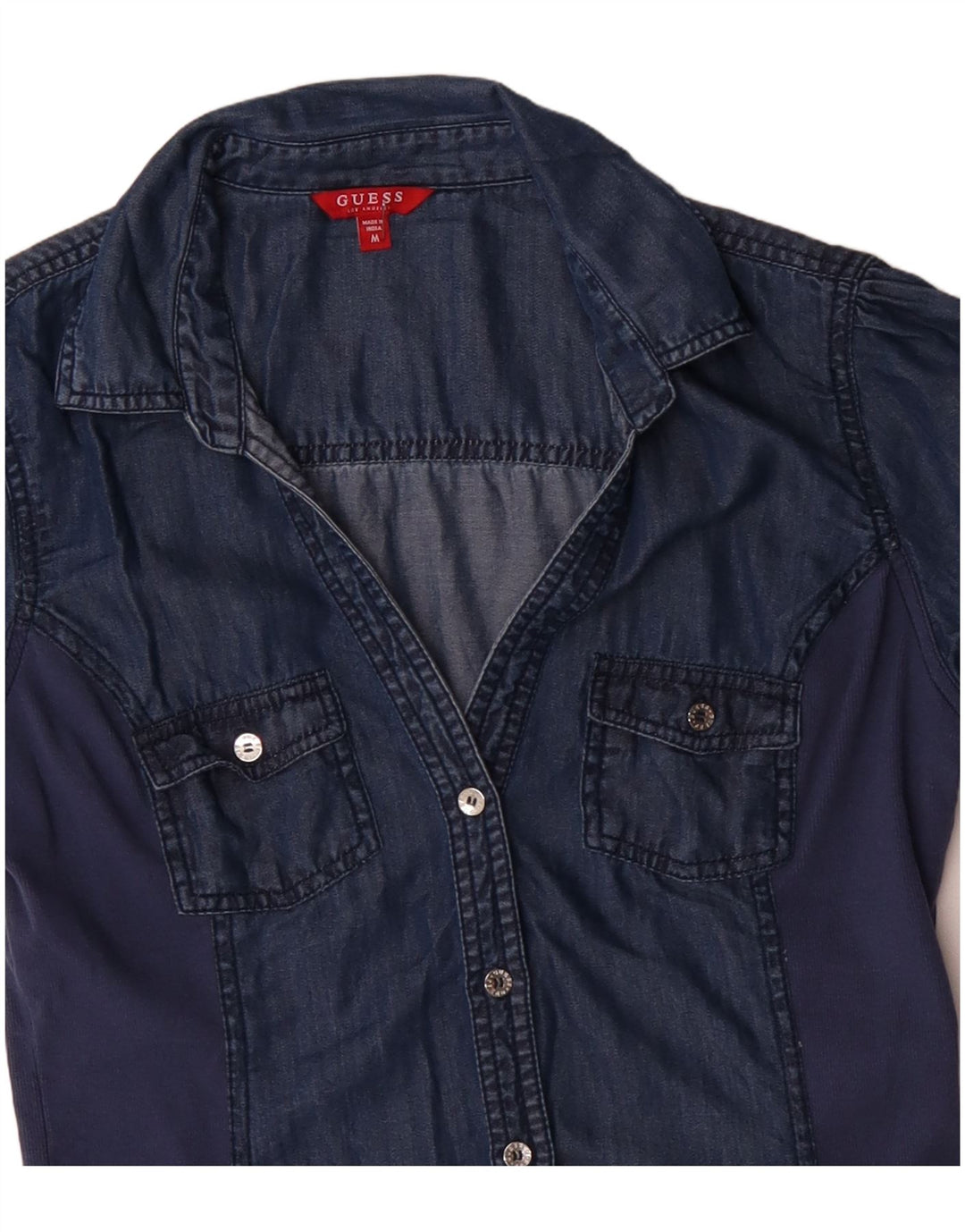 GUESS Womens Short Sleeve Denim Shirt Blouse UK 12 Medium Navy Blue Tencel