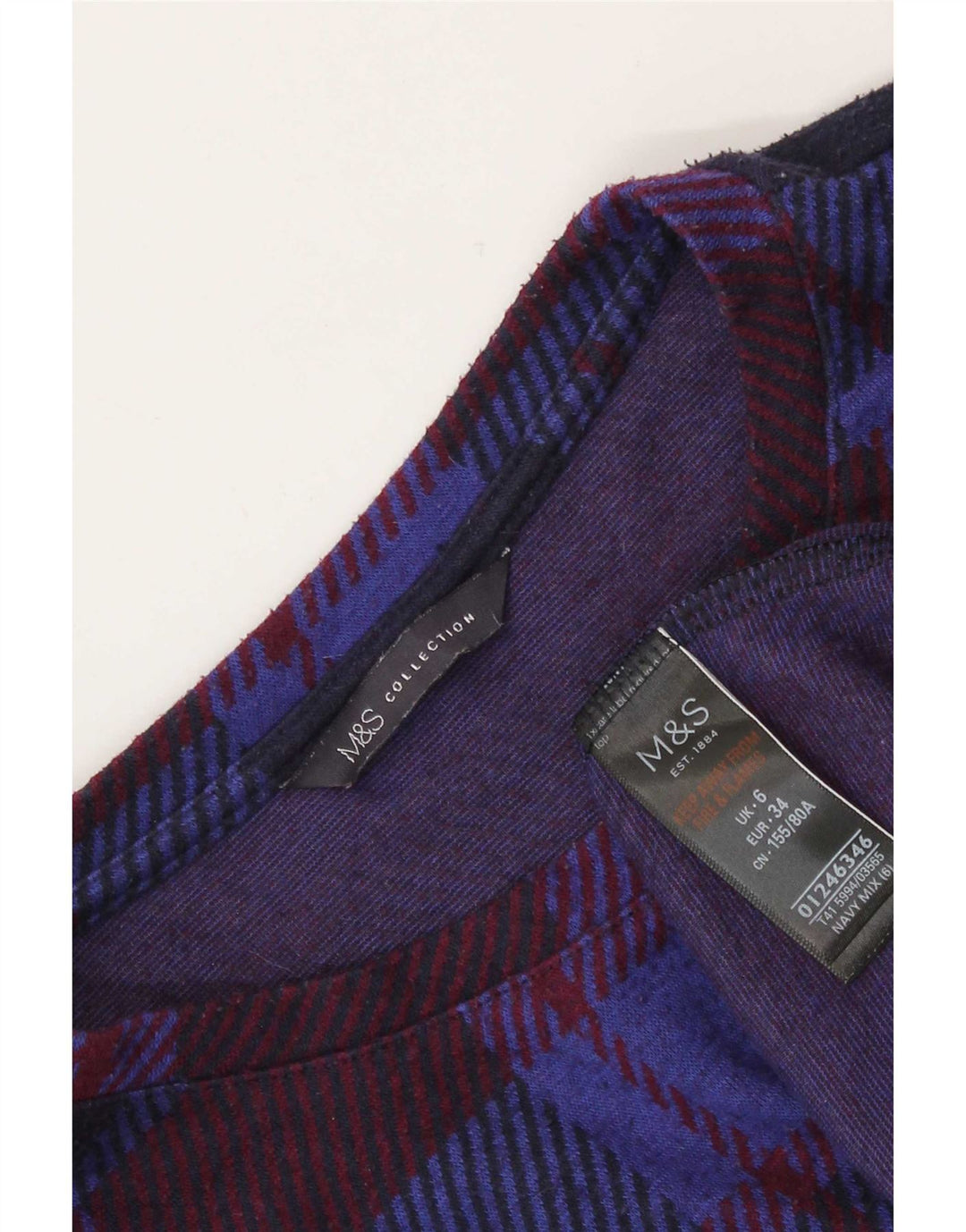 Marks & Spencer Womens Top Long Sleeve UK 6 XS Navy Blue Check Polyester
