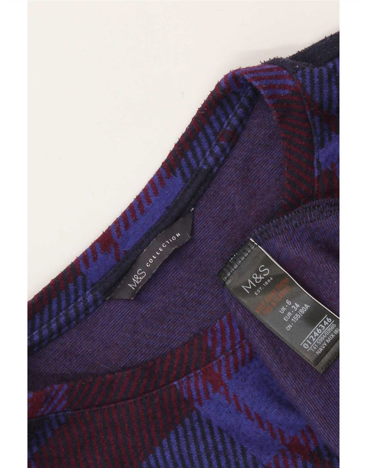 Marks & Spencer Womens Top Long Sleeve UK 6 XS Navy Blue Check Polyester