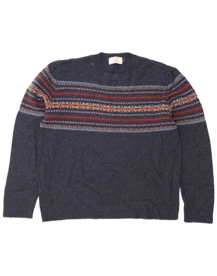 John Lewis Mens Crew Neck Jumper Sweater Large Navy Blue Fair Isle