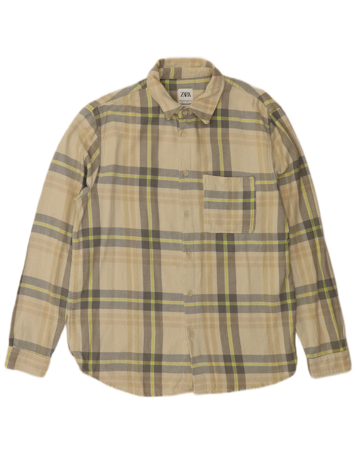 ZARA Mens Relaxed Fit Flannel Shirt Medium Beige Check Cotton