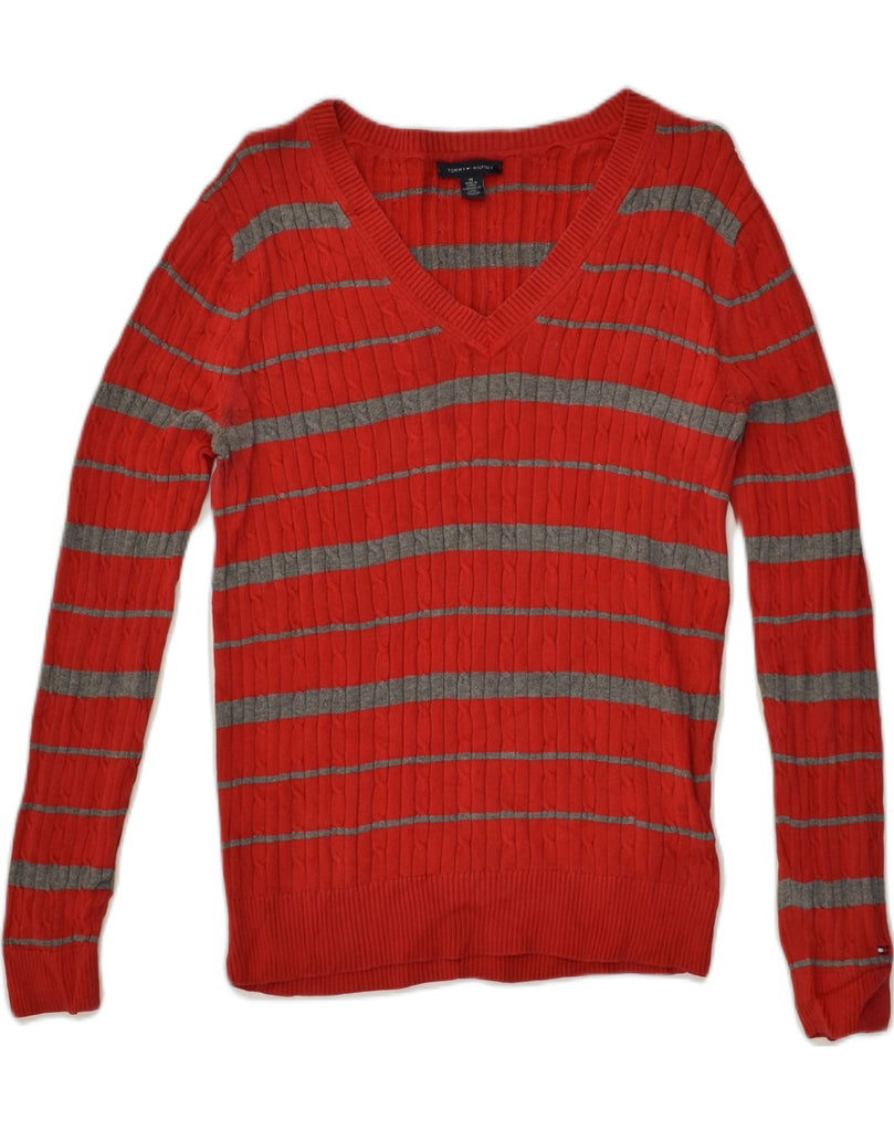 TOMMY HILFIGER Womens V-Neck Jumper Sweater UK 12 Medium Red Striped | Vintage Tommy Hilfiger | Thrift | Second-Hand Tommy Hilfiger | Used Clothing | Messina Hembry 