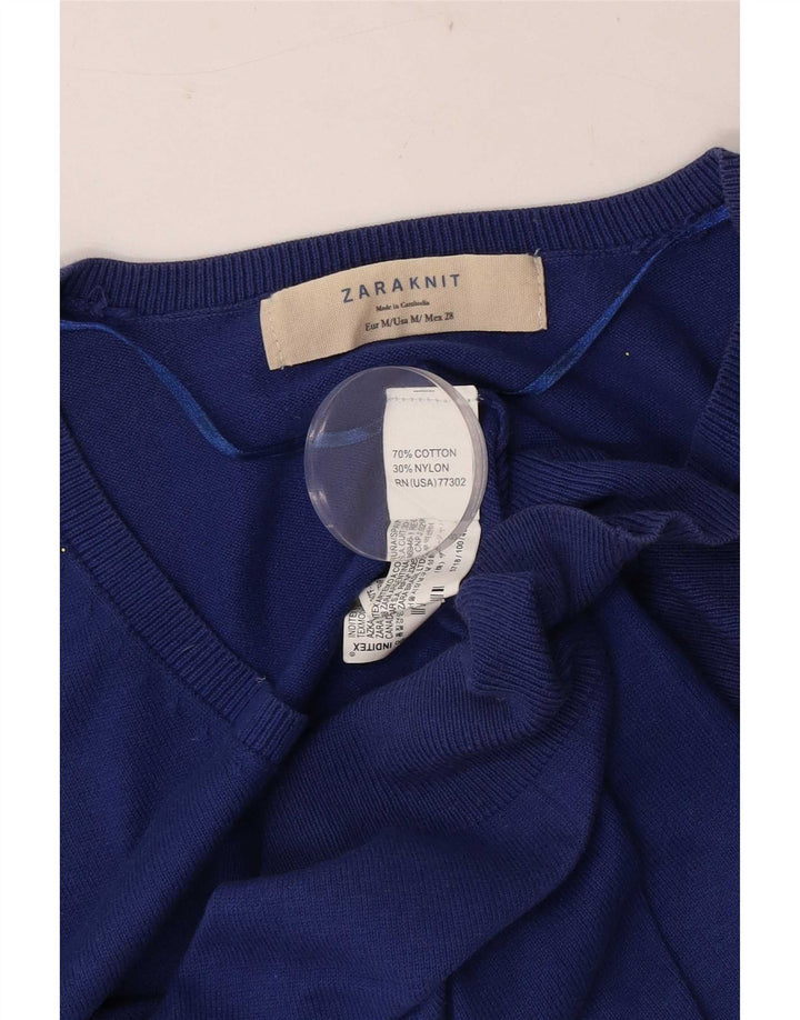Zara Womens V-Neck Jumper Sweater UK 12 Medium Blue Cotton