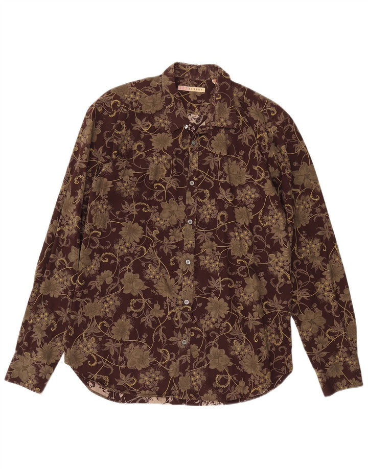 Ted Baker Mens Shirt Size 4 Large Brown Floral Cotton