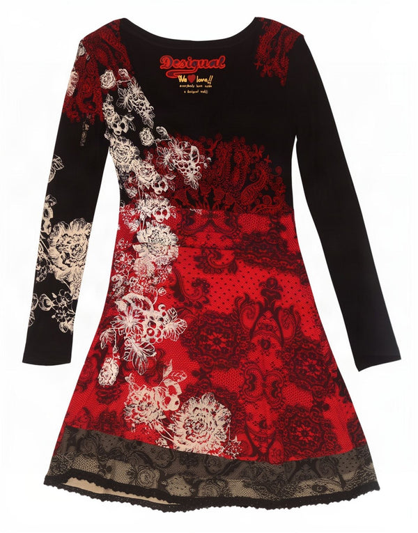 Desigual Womens Graphic Long Sleeve A-Line Dress UK 18 XL Black Floral