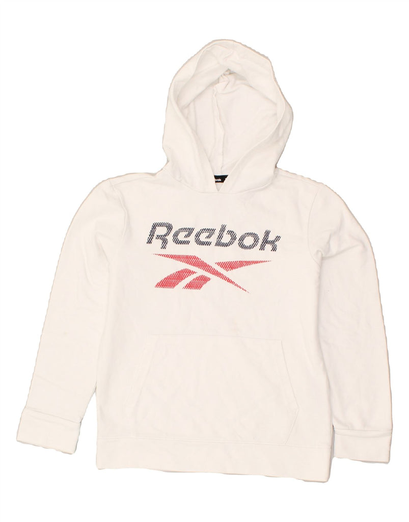 REEBOK Boys Graphic Hoodie Jumper 7-8 Years White Cotton | Vintage Reebok | Thrift | Second-Hand Reebok | Used Clothing | Messina Hembry 