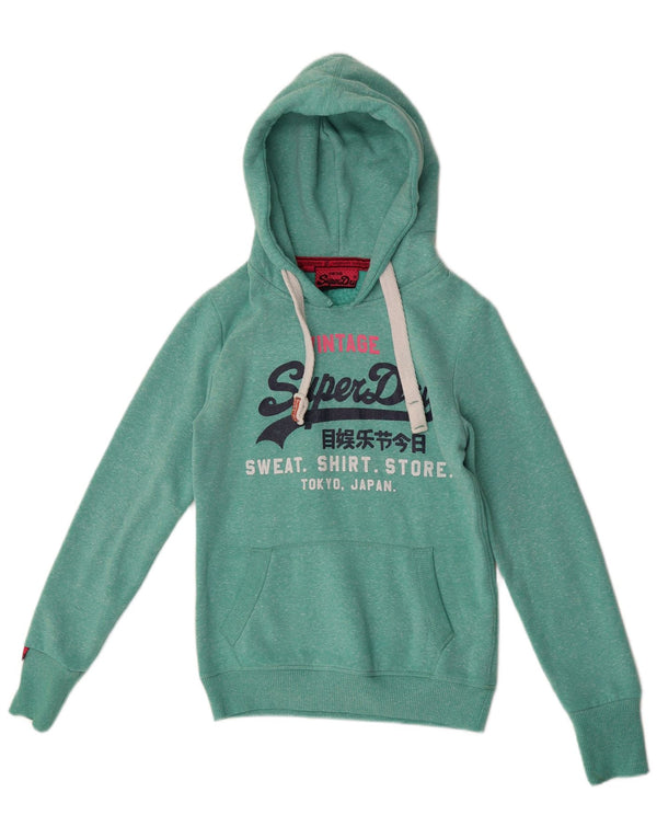Superdry Womens Graphic Hoodie Jumper UK 6 XS Green Flecked Polyester