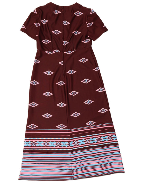 Vintage Womens Maxi Dress UK 10 Small Burgundy Geometric