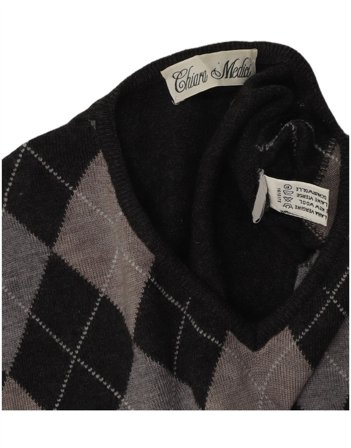 VINTAGE Womens V-Neck Jumper Sweater UK 16 Large Grey Argyle/Diamond