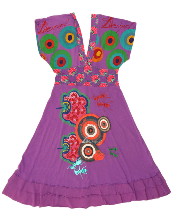 Desigual Womens Graphic Batwing Empire Dress UK 12 Medium Purple Cotton
