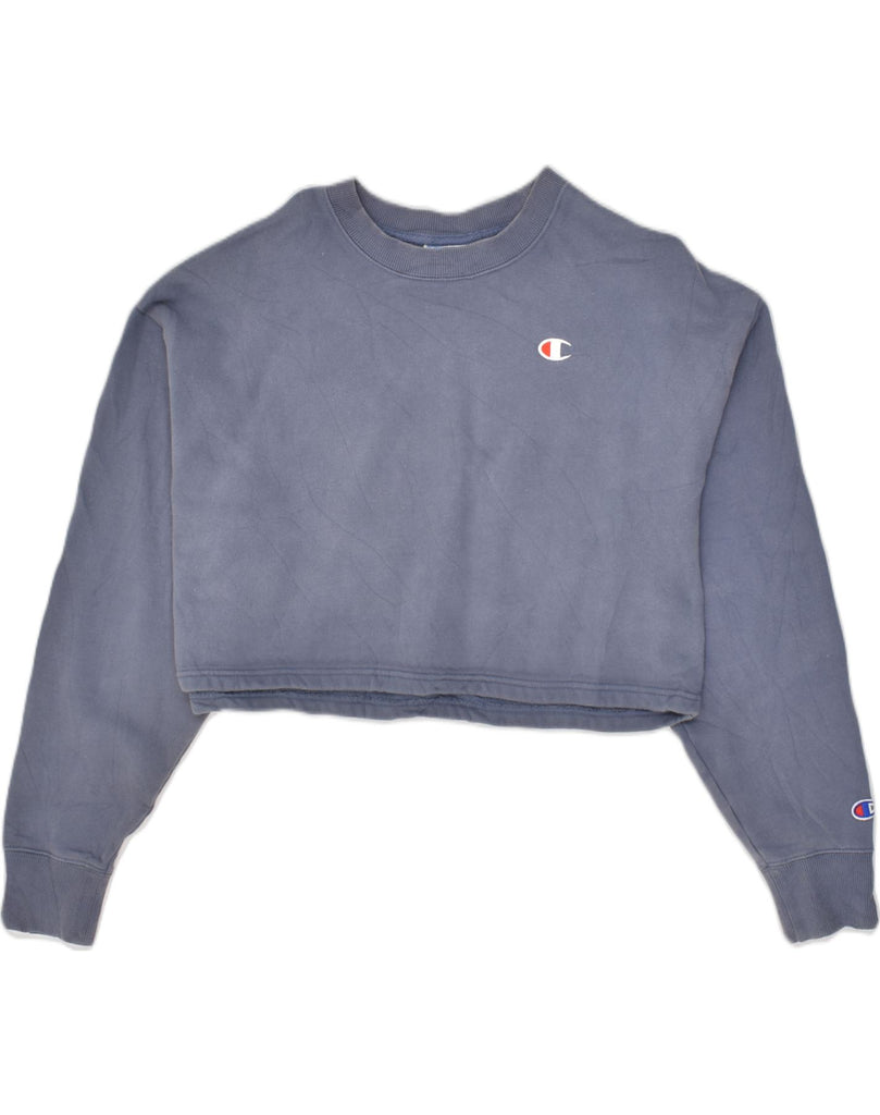 CHAMPION Womens Crop Sweatshirt Jumper UK 14 Medium Blue Cotton | Vintage Champion | Thrift | Second-Hand Champion | Used Clothing | Messina Hembry 