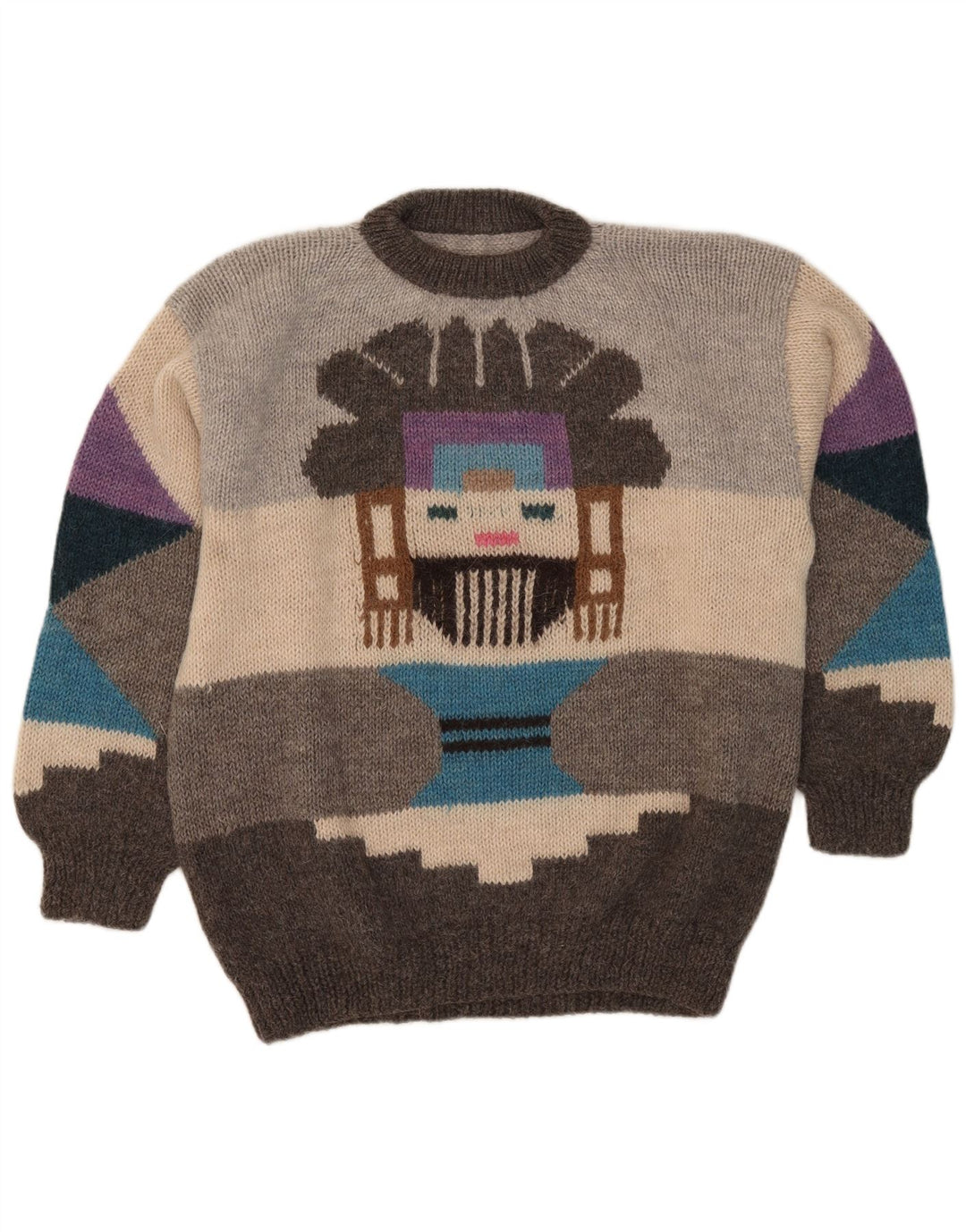 Vintage Mens Graphic Crew Neck Jumper Sweater Large Grey Geometric