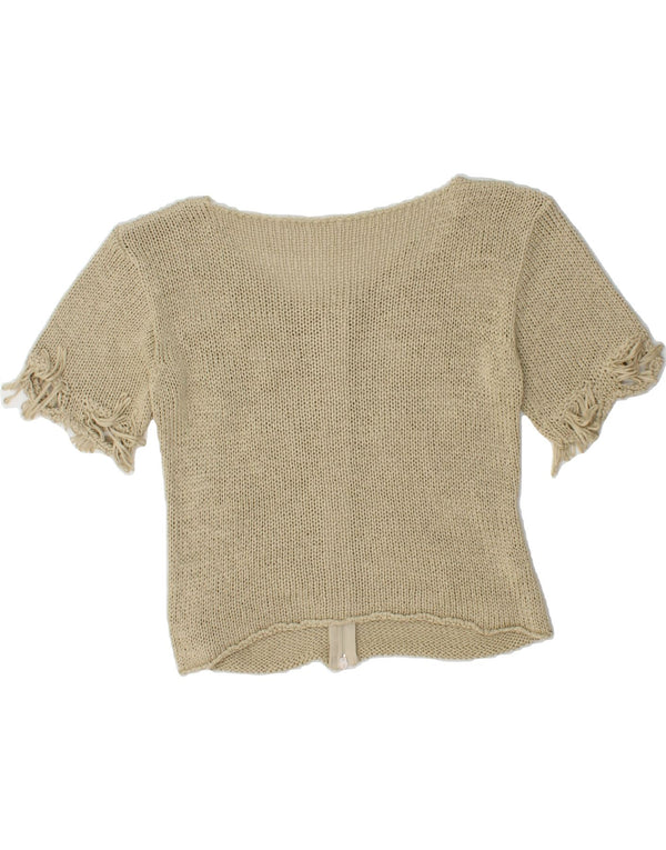 VINTAGE Womens Short Sleeve Cardigan Sweater UK 10 Small Beige Cotton